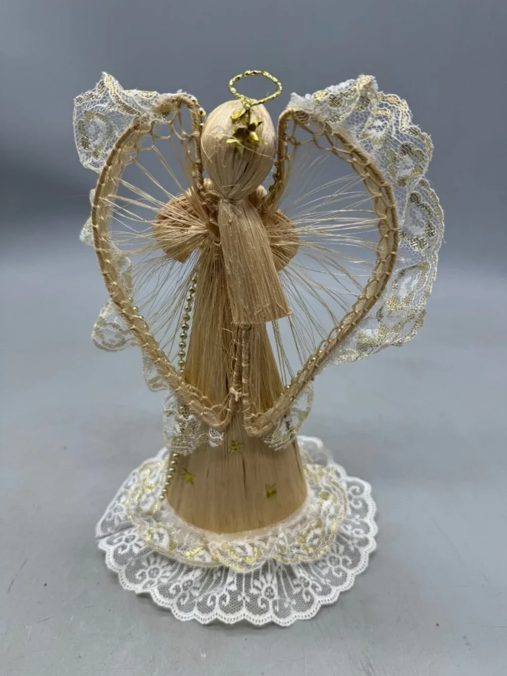 Handcrafted Straw & Lace Angel Figurine With Gold Bead Accents & Halo READ